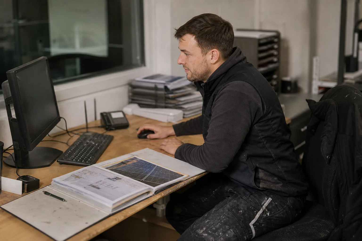 Mitarbeiter eines Handwerksbetriebs verarbeitet eine elektronische Rechnung zu einem Solarprojekt.