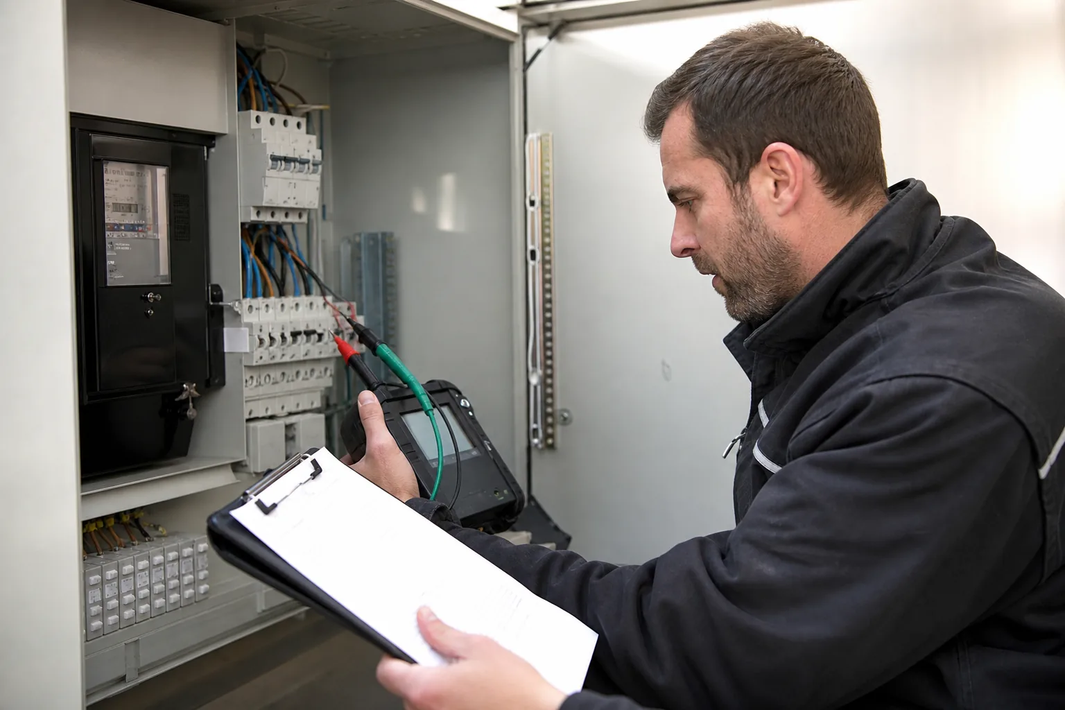 Elektrofachkraft führt Messungen für die Erstprüfung an einem Zählerschrank durch.