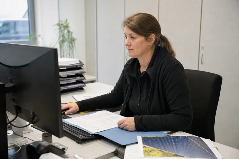 Büromitarbeiterin prüft eine digitale Rechnung zu einem Photovoltaikprojekt.