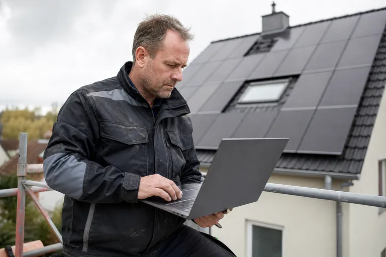 Elektrofachkraft gleicht Registrierungsdaten einer Photovoltaikanlage am Laptop ab.