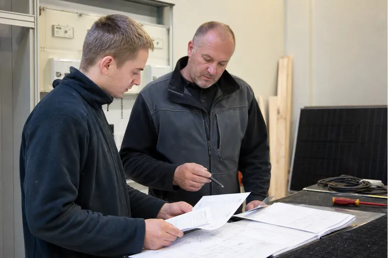 Mitarbeitende eines Elektrofachbetriebs stimmen Unterlagen für einen PV-Netzanschluss ab.