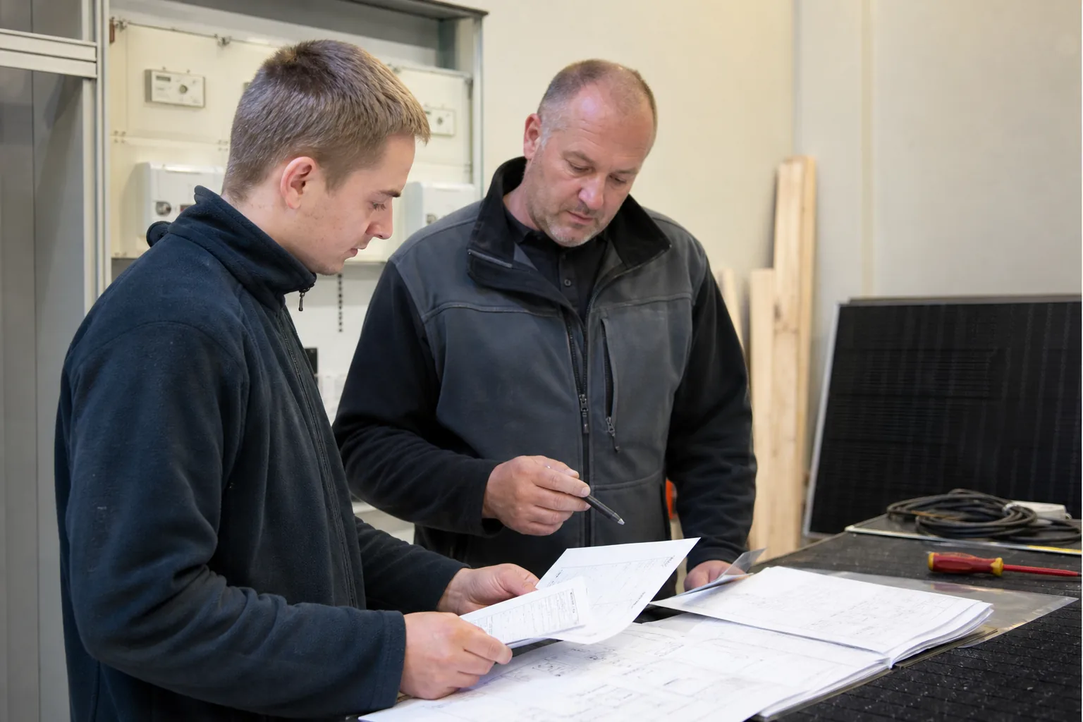 Mitarbeitende eines Elektrofachbetriebs stimmen Unterlagen für einen PV-Netzanschluss ab.