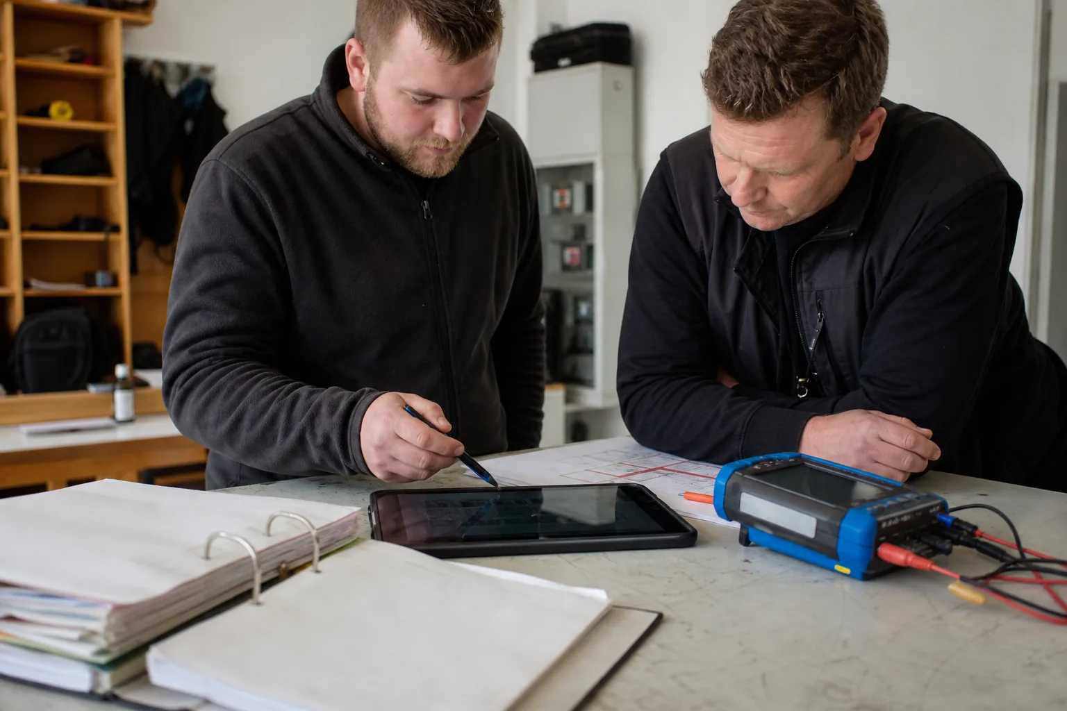 Papierordner, Tablet und Messgerät für die Dokumentation einer Photovoltaikanlage.