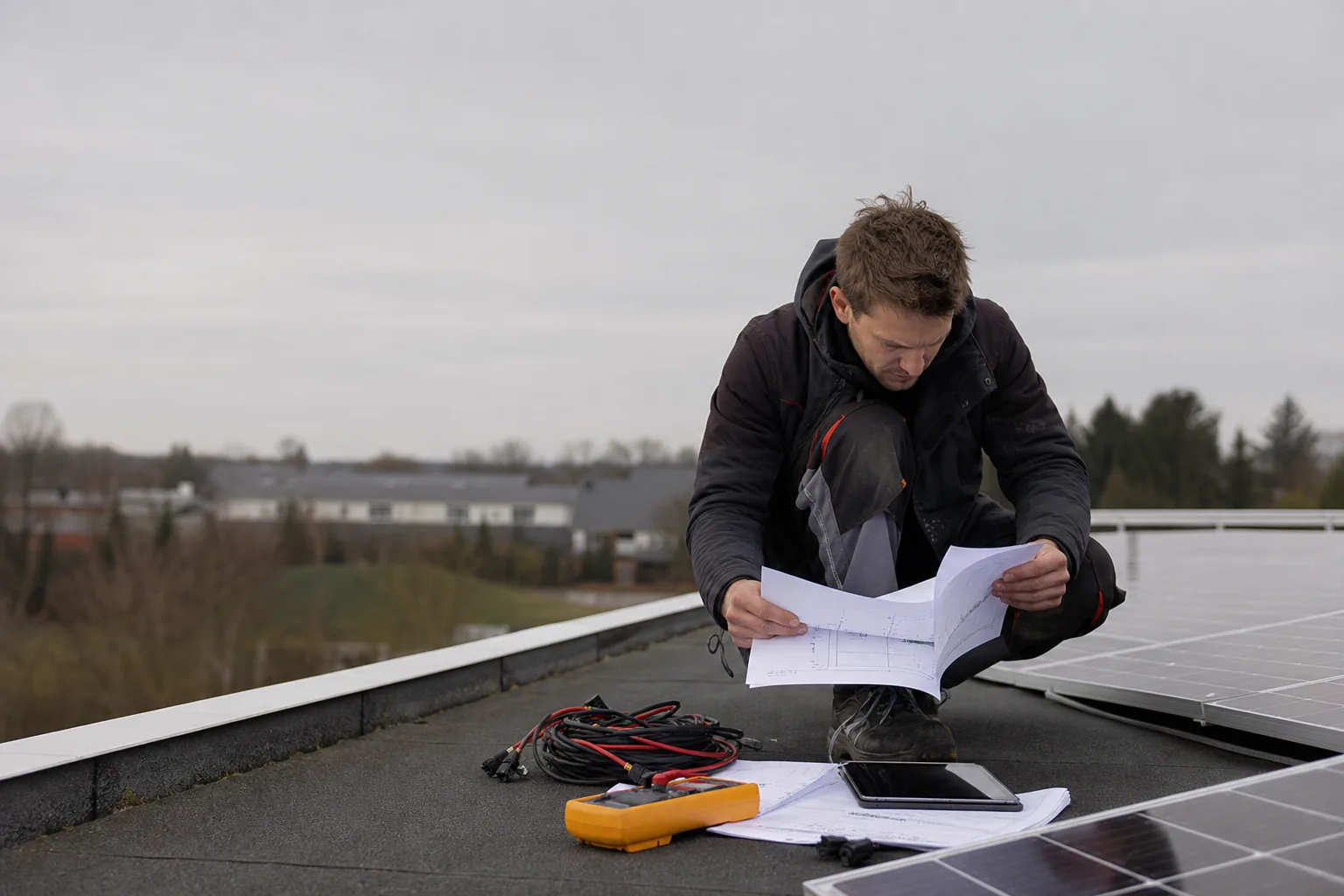 Elektrofachkraft mit Tablet und Messgerät bei der Dokumentation einer Photovoltaikanlage